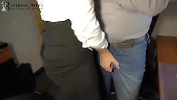 secretary humiliating her boss with hand, blow and bootjob until he pees in his jeans - business-bitch