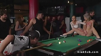 Hot blonde humiliated in public pool bar