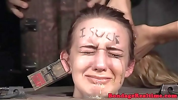 Young hogtied sub whipped while mouth gagged