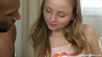 Tiny teen plays with big black dick