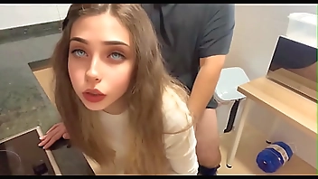 18 year old stepdaughter has sex in the kitchen, The fat stepfather cums inside her