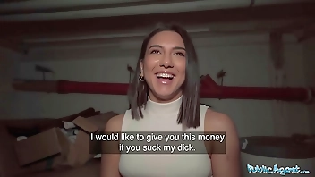 Public Agent Beautiful Brunette Biology Student Cums Over a Stranger Cock